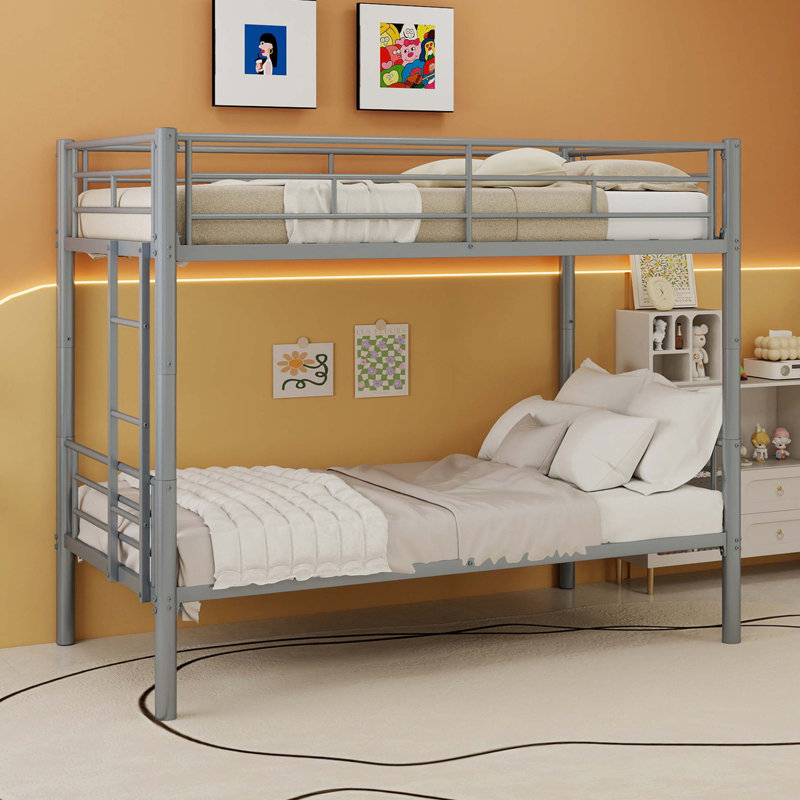 Lit superposé en métal, structure de lit en métal avec échelles et garde-corps, 2 lits convertibles, sans sommier requis