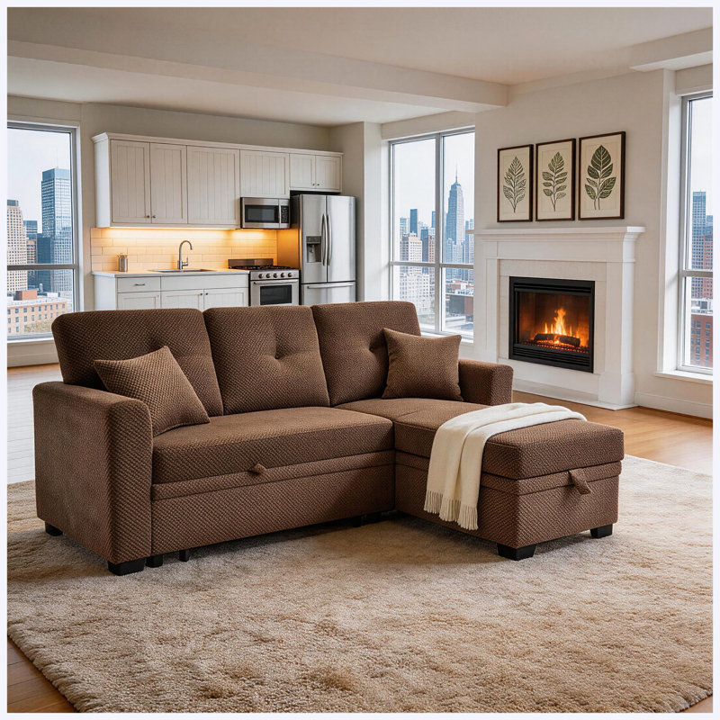 Canapé-lit modulaire convertible en L avec lit escamotable, méridienne réversible et rangement, mobilier de salon pour petit espace