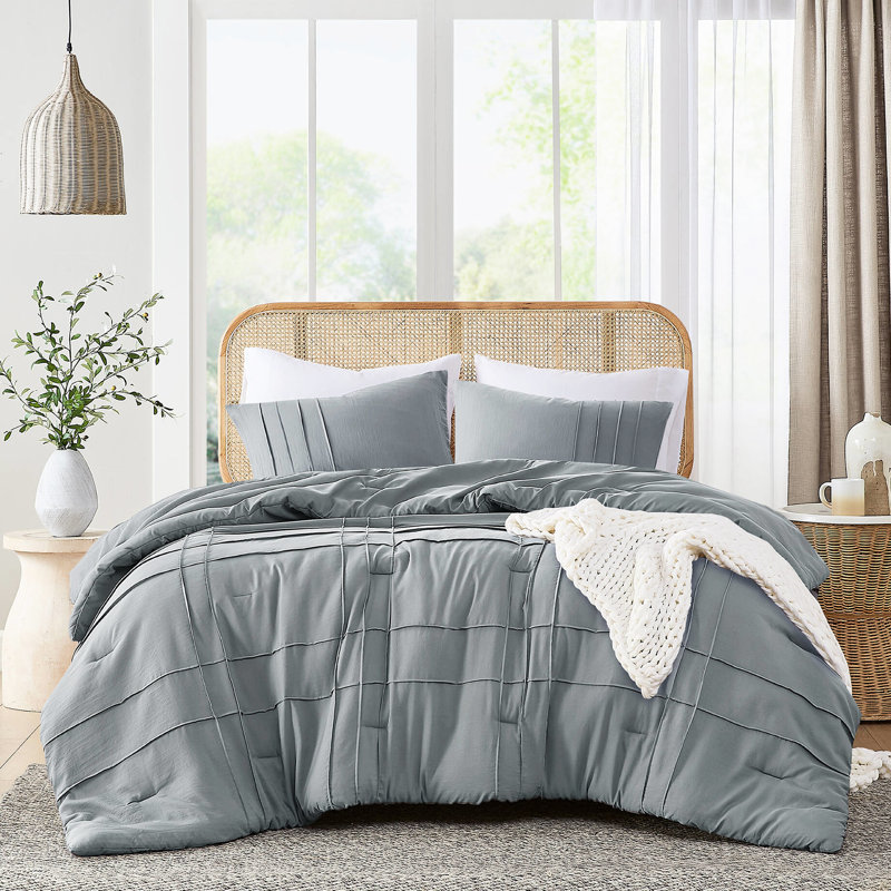 Édredon simple / simple TG plissé avec microfibre prélavée, motif quadrillé, équilibre parfait entre poids et chaleur, taies décoratives délavées, plis pincés raffinés, utilisation à l'année, lavable à la machine