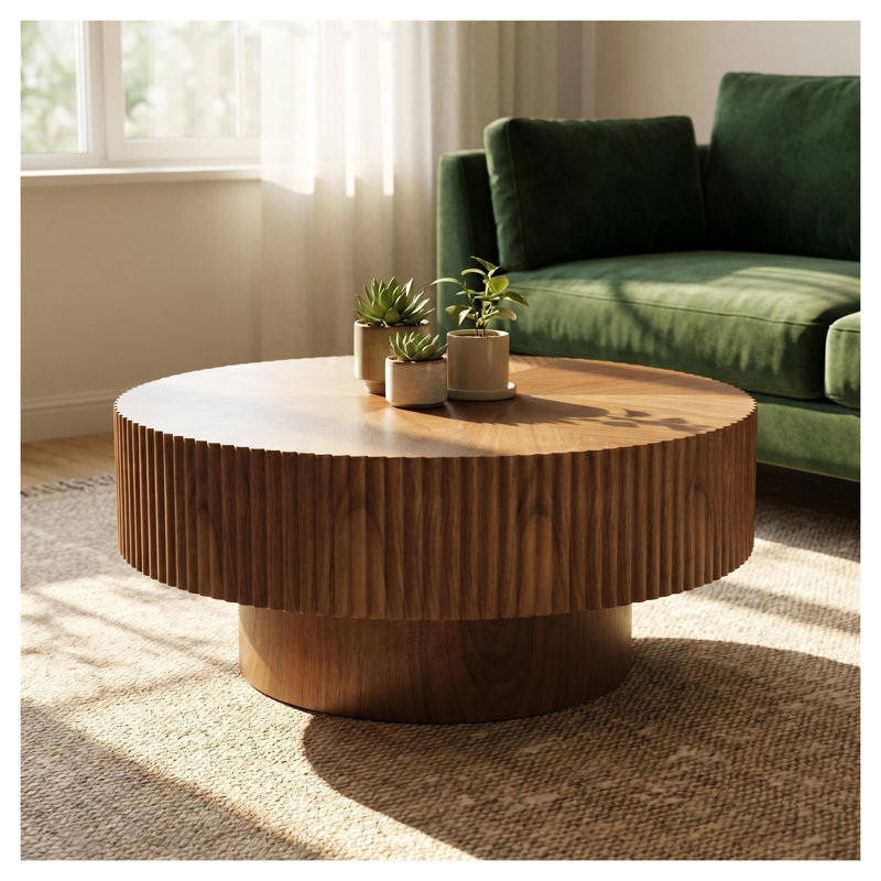 Table basse 31,5 "avec base à piédestal, centre de table moderne en bois aggloméré au fini noyer pour petits espaces et appartements