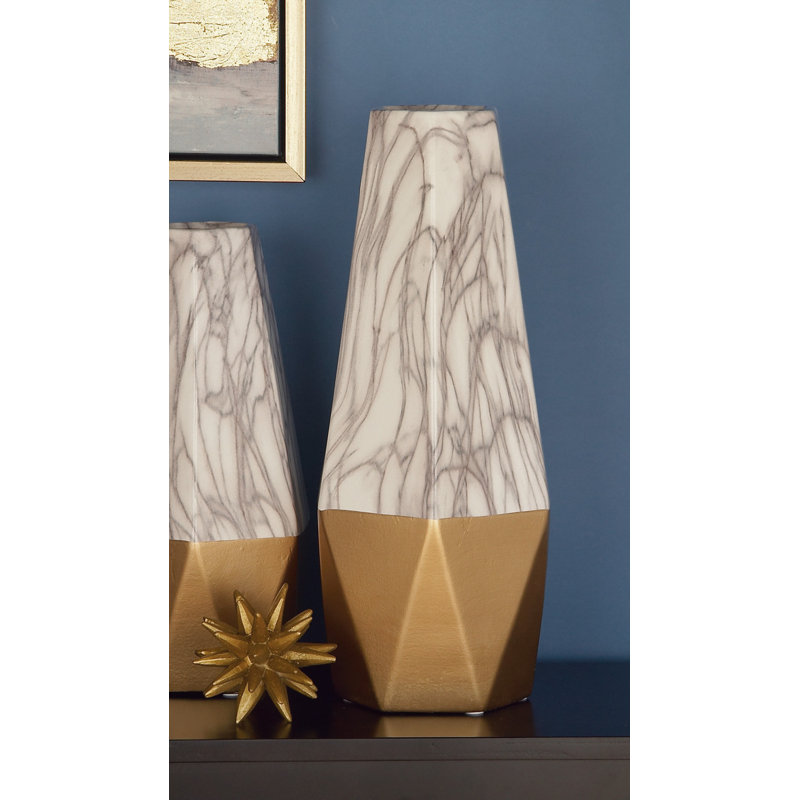 Ceramic Faux Marble Decorative Vase with Base, White/Gold, 18" H x 7" W x 7" D
