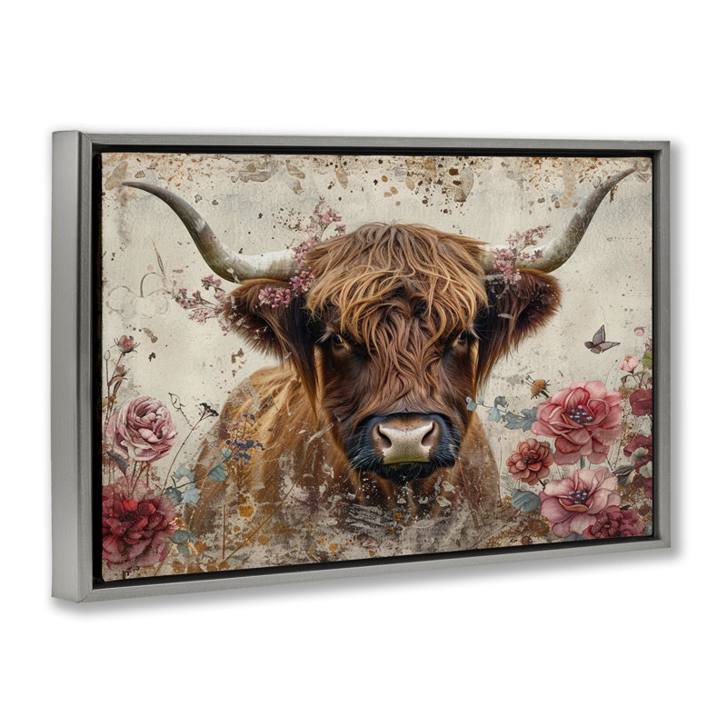 Toile flottante encadrée «Highland Cow in Spring» par LSR Design Studio, Cadre flottant gris lustré, H 21 po x l 31 po