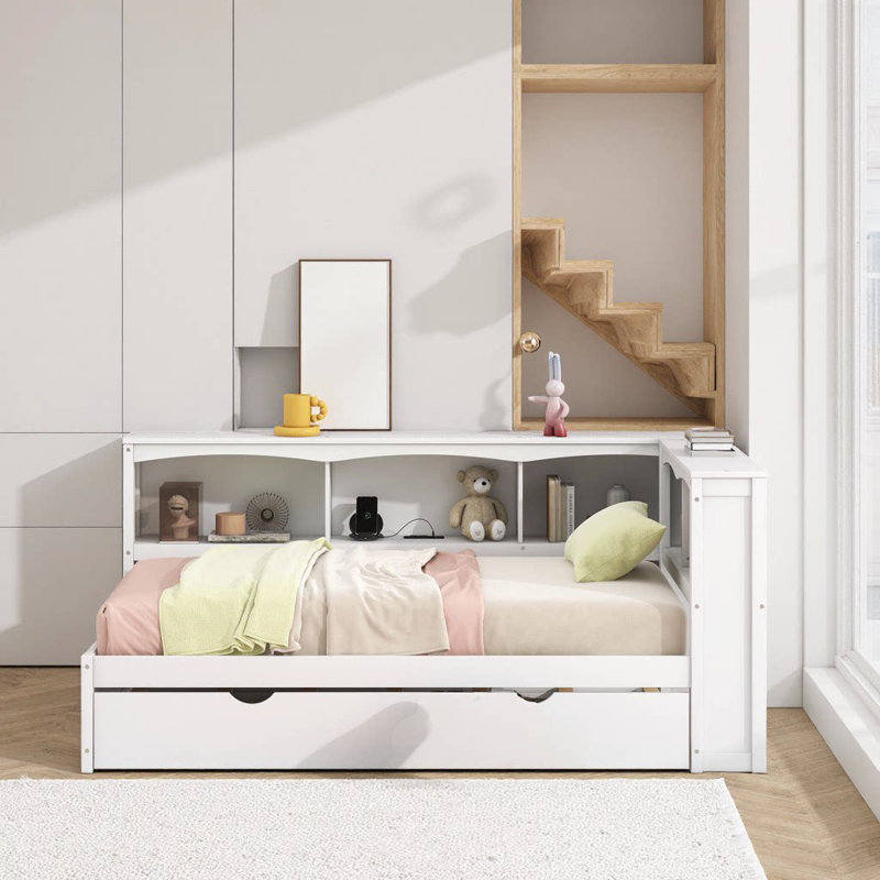 Twin Size White Daybed with Trundle, Storage Cabinets, USB Ports & Solid Wood Construction, White
