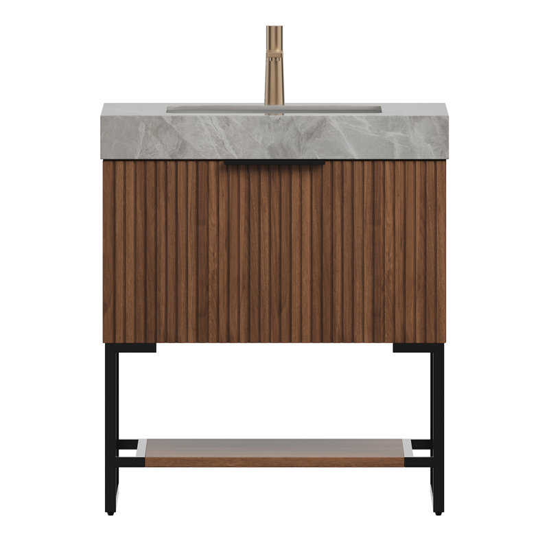 Meuble-lavabo de salle de bain YOLAN, 30", Gris marbre, Noyer foncé