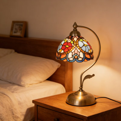 17.3" H Tiffany Stained Glass Table Lamp, Vintage Gooseneck Table Lamp