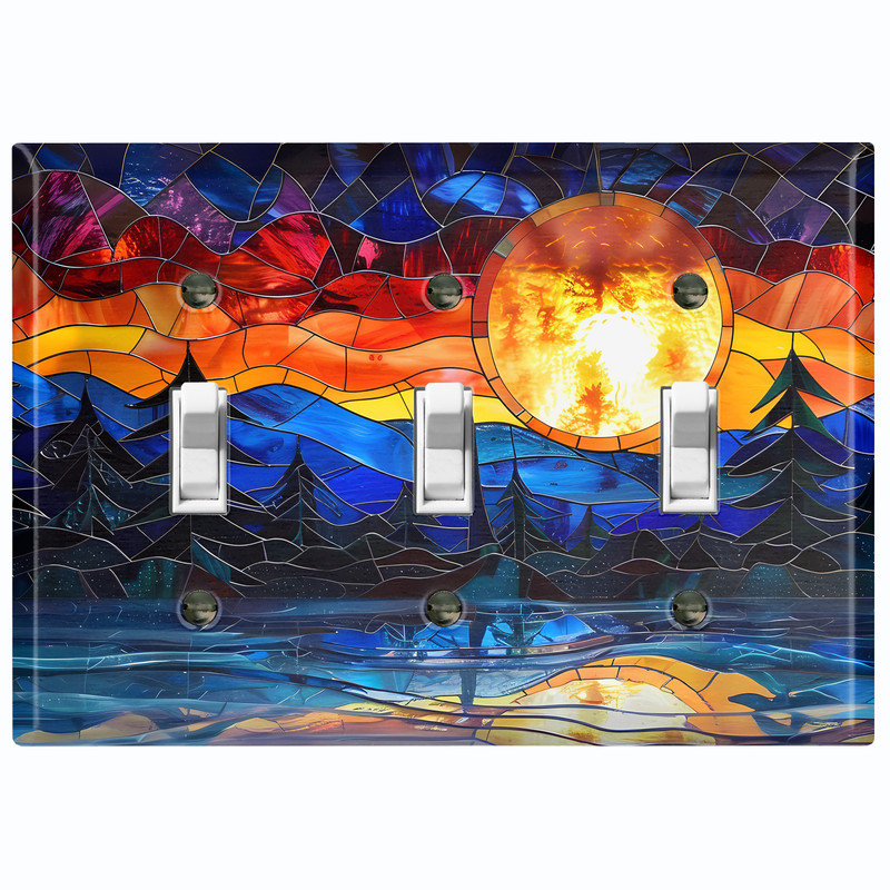 Plaque d'interrupteur en métal ; interrupteur à bascule triple, taille standard américaine – Impression d'un coucher de soleil sur vitrail