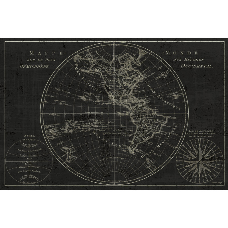 Mappemonde Etching by Wild Apple Portfolio - Wrapped Canvas Painting, 81cm H x 122cm W