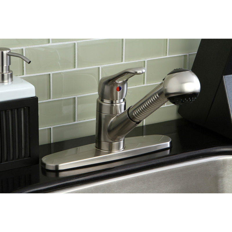 Kingston Brass Wyndham Single-Handle 1-or-3 Hole Deck Mount Pull-Out Sprayer Kitchen Faucet, Brushed Nickel
