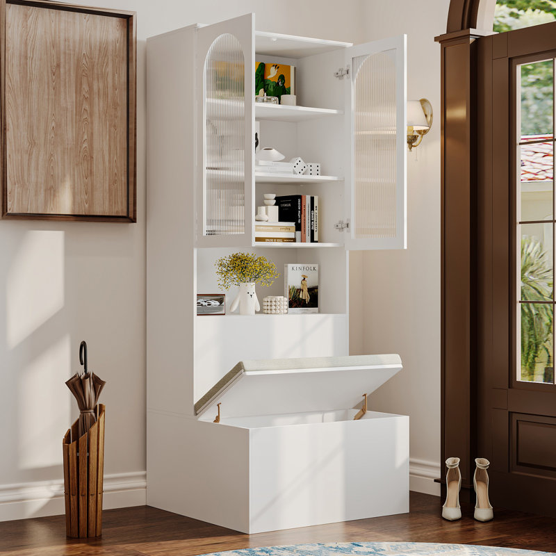 78.7" H Bookcase Storage Cabinet With Glass Doors & Flip-Top Reading Bench
