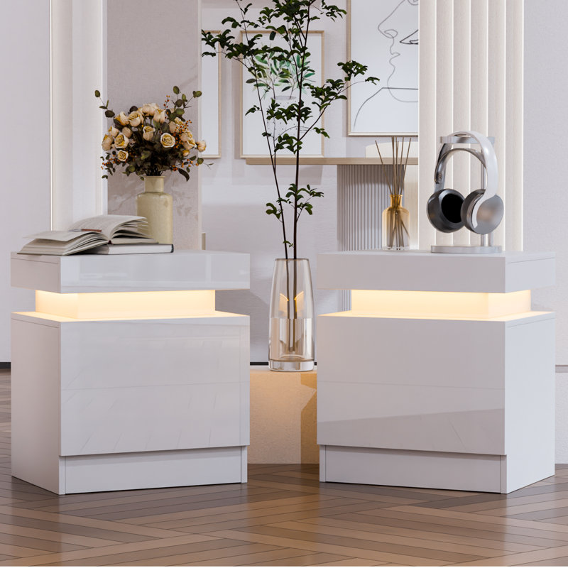 Table de chevet à DEL avec tiroirs Bornaman, Blanc