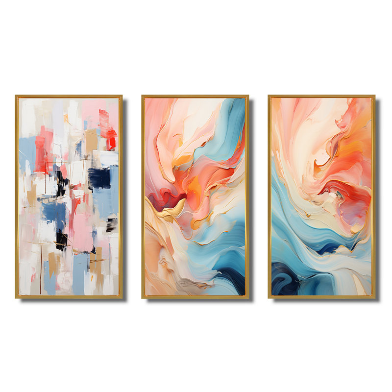 «Missing You», ensemble de 3 reproductions abstraites bleues et rouges, Encadrement doré, H 20 po x l 36 po