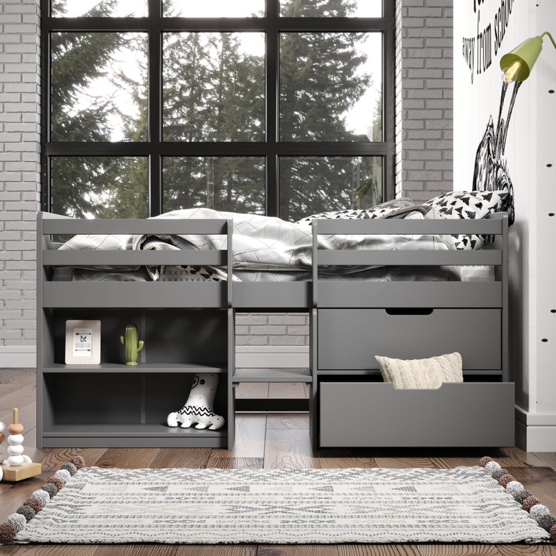 Lit mezzanine simple gris avec espaces de rangement pratiques - Maximisez l'utilisation de l'espace dans votre chambre à coucher