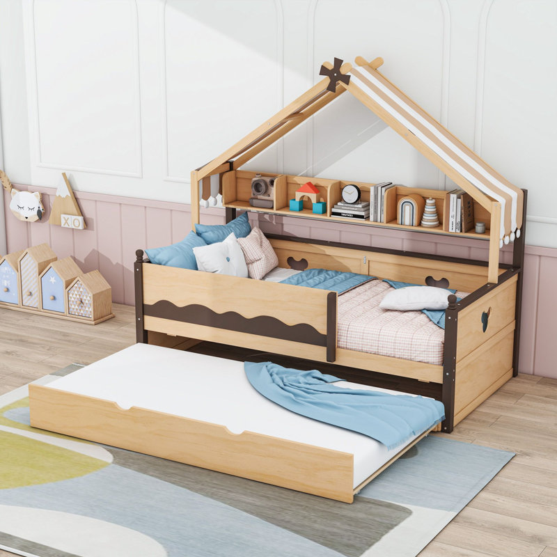 Solid Wood Standard Bed , Trundle Bed Included, Lit simple, Espresso naturel