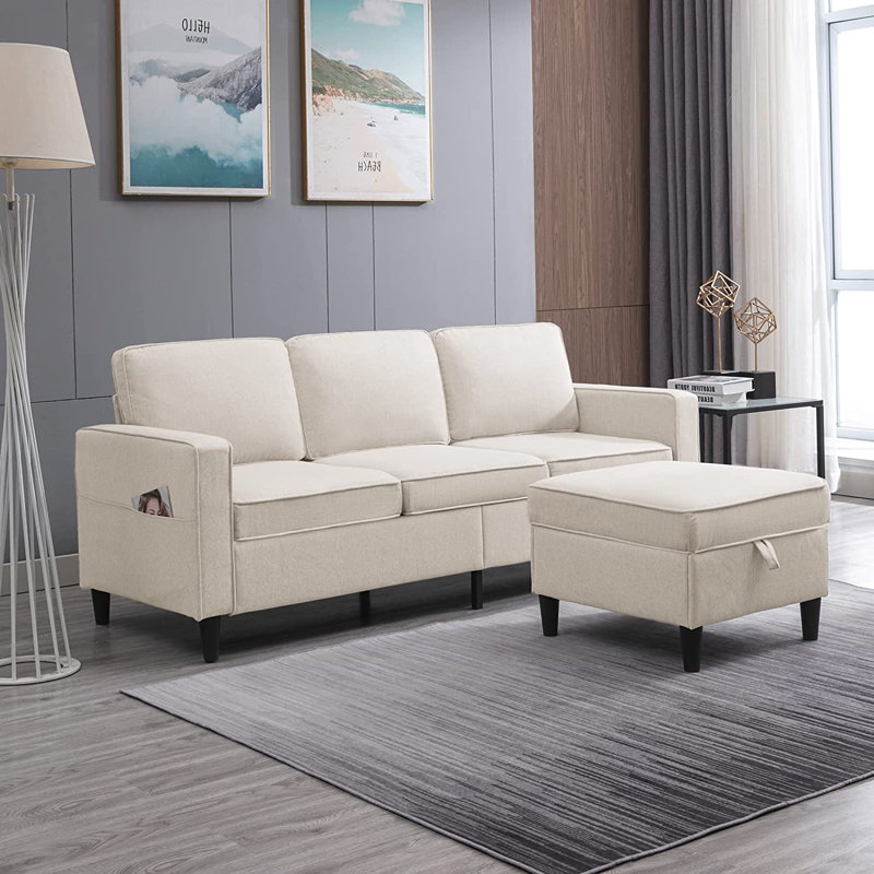 78" L-Shaped Linen Sectional Sofa with Storage Ottoman & Side Pockets, Beige, Beige Linen Blend