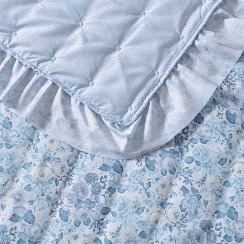 Laura Ashley Quartet Ruffled Blue Quilt Set, Queen Quilt + 2 Standard Shams