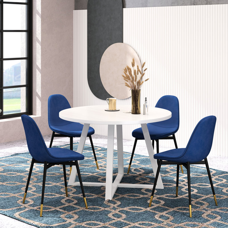 Table ronde à 5 places - Bleu, table tendance avec 4 chaises Blue 5, assise en métal