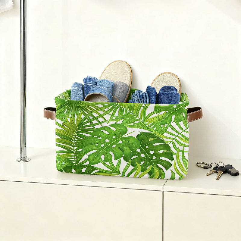Monstera Leaf Storage Baskets 2-Pack, Collapsible Canvas Organizer Bins With Handles For Toy Storage, Laundry, And Home Organization