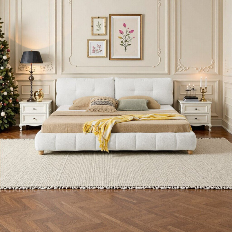 Modern Upholstered Platform Bed with Cloud Headboard and Solid Wood Legs, No Box Spring Required for Luxurious Comfort, King