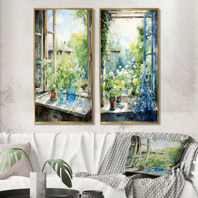 Green And Blue Countryside Window Charm II - Farm Windows Canvas Art Print Set Of 2