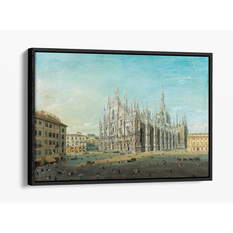 Piazza del Duomo, Milan by Carlo Bossoli Canvas Floater Framed Wall Art | Italian Cityscape Canvas Print – Light Oak Frame