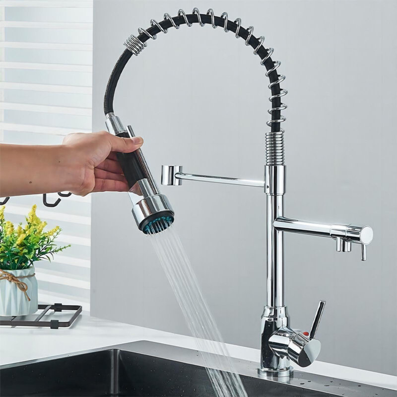 Kitchen sink mixer tap with pull-out spray high spout brass