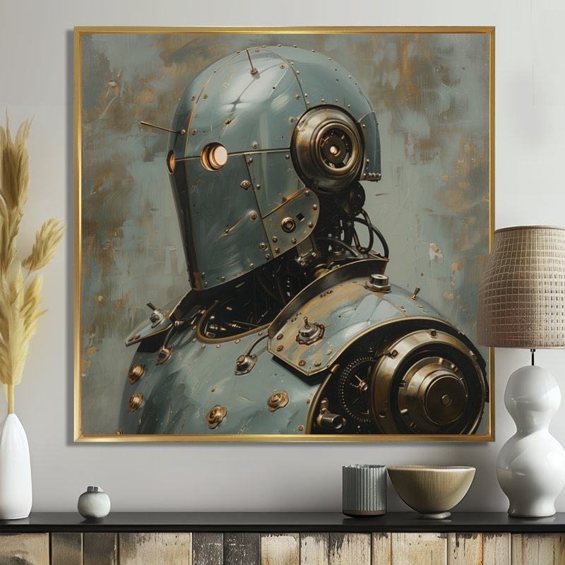 White Grey Metal Majesty Robot I - Robots Wall Decor, Gold Floater Framed, 30" H x 30" W