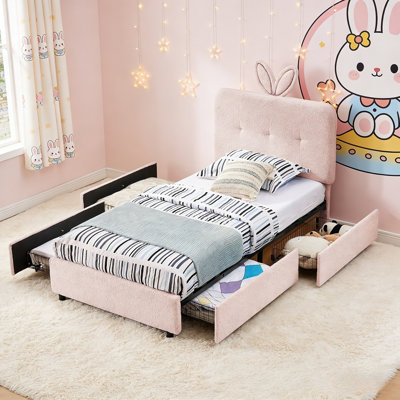 Lit tapissier avec tête de lit surdimensionnée en forme de lapin, lumière DEL et 4 tiroirs de rangement, cadre de lit plateforme en tissu Boucle, aucun sommier tapissier requis, conception silencieuse pour la chambre à coucher