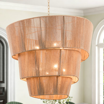 8 - Light 30"W Brown Modern 3 Tiered Drum Chandelier with Rattan Shade for Dining Room or Living Room