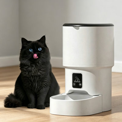 Automatic Pet Feeder 4L for Small Dogs & Cats – Up to 6 Meals Daily, Programmable Timer, Portion Control, Dual Power Supply, Stainless Steel Bowl, Easy to Clean, Dampness-Proof – White, 18×29.4×28CM