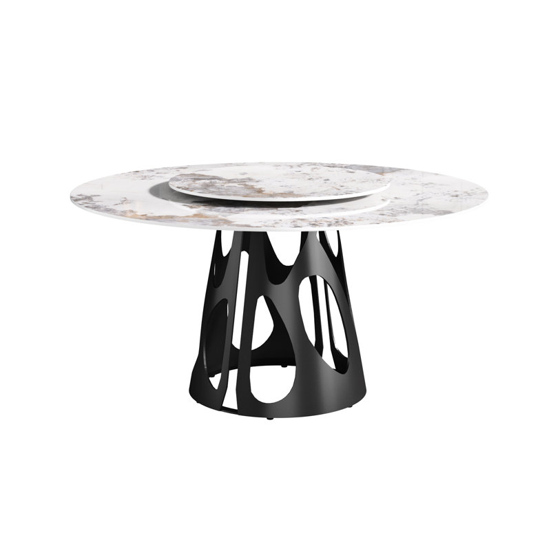 Table de salle à manger 59,01 po ronde avec plateau en marbre artificiel et base en métal noir, 6 à 8 personnes, disque rotatif blanc de 31,5 po, chaleur anticorrosion - sièges en fer, surface rotative