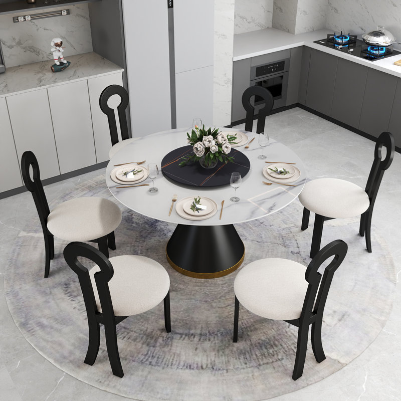 6 Seat Modern Round Sintered Stone Dining Table With Rotating Tray,modern Key-shaped Dining Chairs, White/Black