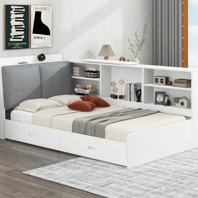 Lit plateforme simple avec rangement pour tête de lit, 2 tiroirs, tablettes en bois blanc