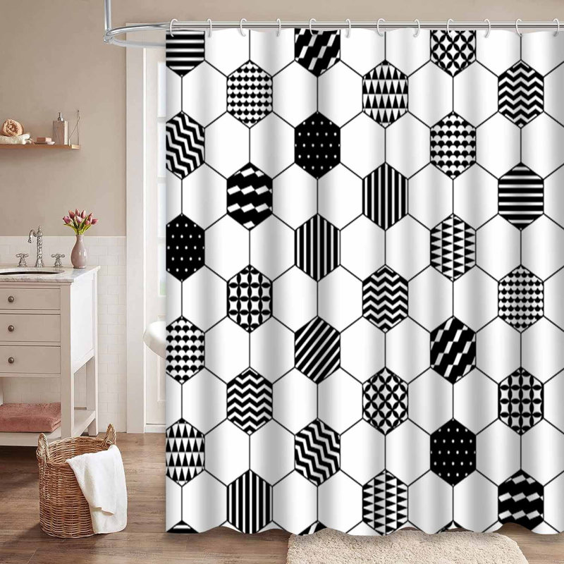 Rideau de douche abstrait abstrait hexagonal noir avec 12 crochets, L 72 po x l 78 po