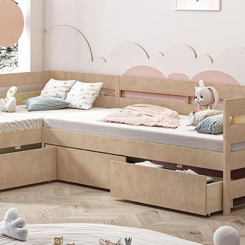 Lit plateforme simple en forme de L avec trois tiroirs de rangement