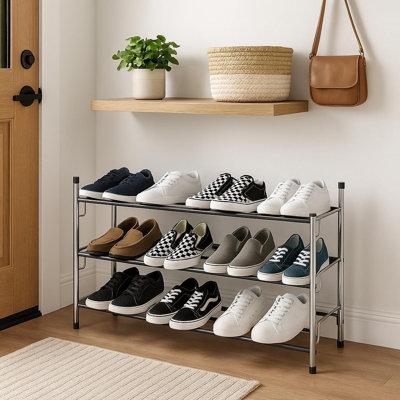  3Tier Expandable Shoe Rack Adjustable Metal Storage Shelf Heavy-Duty Steel Frame for Closet Entryway Dorm Easy Clean Stackable Design Long Lasting and Reliable Shoe Organizer Solution