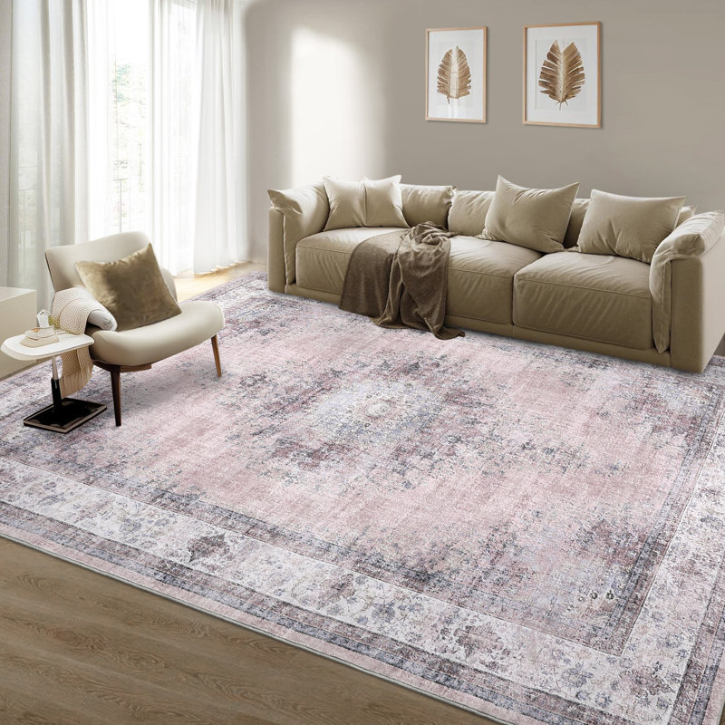 Machine Washable Rugs Oriental Floral Non-Slip Low Pile Rubber Backing Area Rug for Living Room Bedroom Kitchen Dining Room