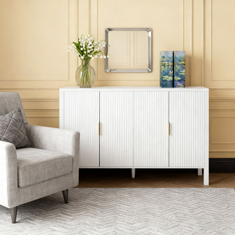 Buffet 57,5 po en MDF à 4 portes avec tablettes de rangement et crochets latéraux, tablettes réglables, Blanc