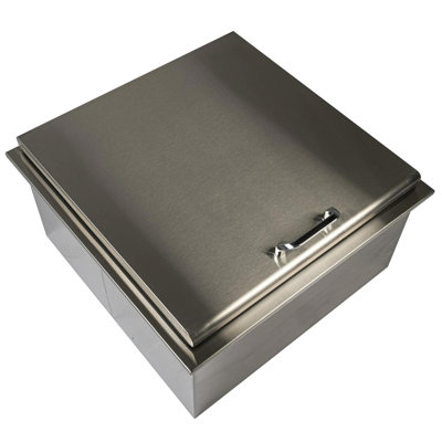 Mont Alpi Signature 260 Series 25"W x 12"H x 25"D Commercial Grade 304 Stainless Steel Outdoor Kitchen Island BBQ Grill Drop-In Ice Bin Chest Cooler with Hinged Cover + Drain Hole + Removable Condiment Holder + 2 Handle Sets - Made in USA - Lifetime Warr