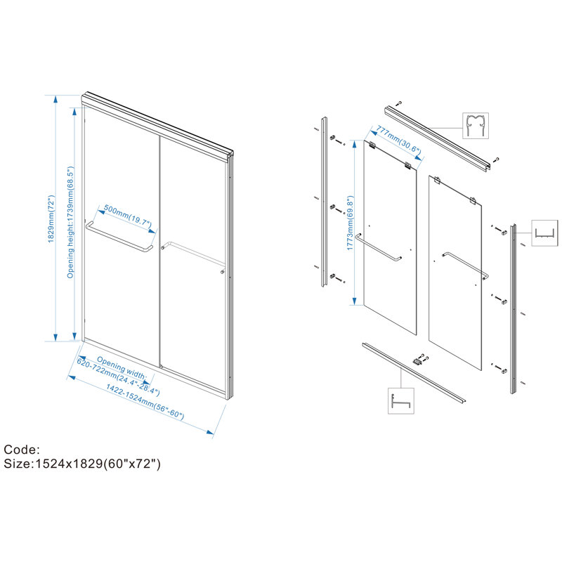 56–60 In. W X 72 In. H Semi-Frameless Double Sliding Shower Door With 1/4 In. (6mm) Clear Tempered Glass And Safety Film
