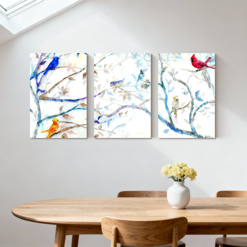 «Birds Colorful Birds On Branches», ensemble de 3 impressions sur toile, H 30 po x l 60 po