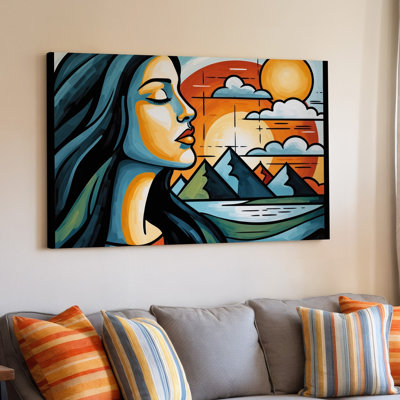 Canvas A Vibrant Cubist Portrait Of A Serene Woman With Closed Wall Art Eyes Her Profile Highlighted Against A Backdrop Of Abstract Canvas Wall Art