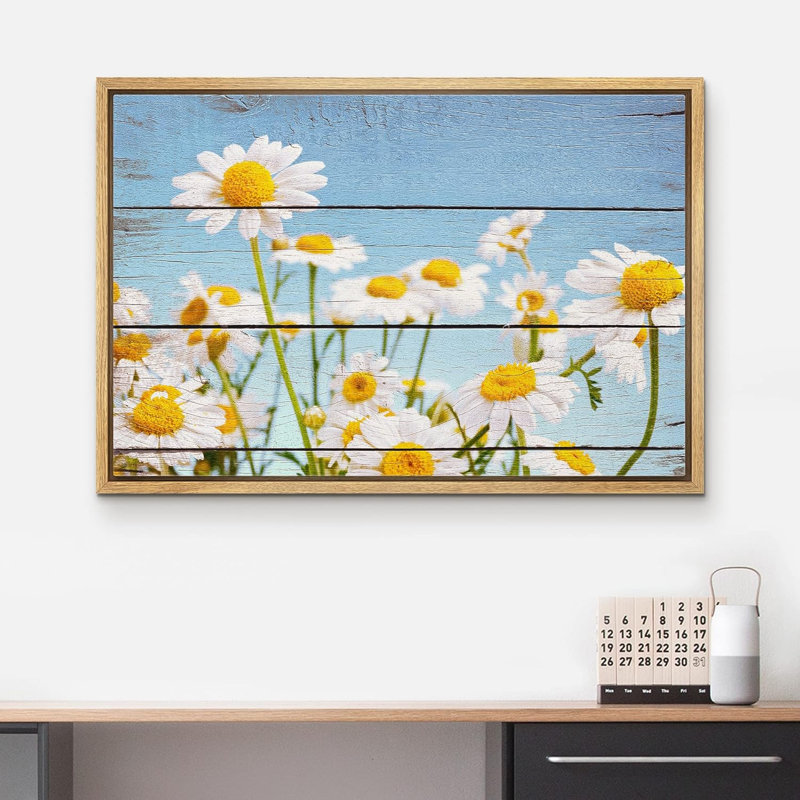 Fleur, champ de marguerites blanches sur des panneaux effet bois rétro, illustrations florales, art moderne, rustique, paysage