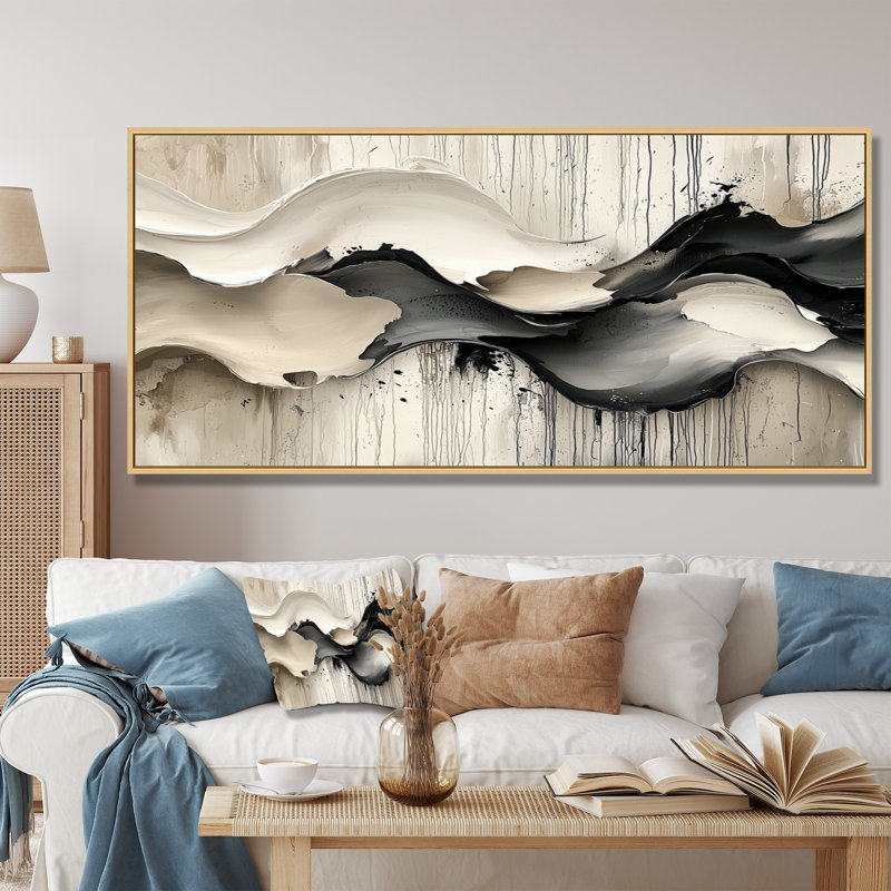 Gris sur fond blanc l'encre rythmique de la rivière Ink II - vagues modernes abstraites, H 28 po x l 60 po
