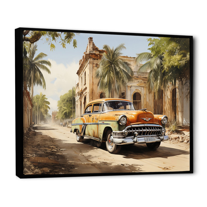 Orange Classic Cuban Car - Transportation Canvas Art Print, H 30 po x l 40 po x P 1,5 po, Cadre flottant noir
