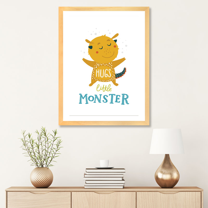 Petits monstres - impression d'art graphique, Papier avec cadre beige, H 32 po x l 24 po x P 1 po, Blanc