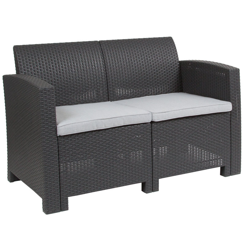 Alderman Faux Rattan Loveseat with All-Weather Cushions, Dark Gray