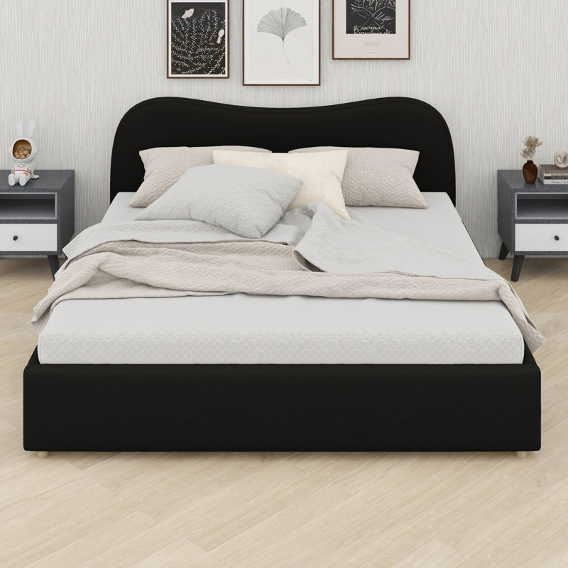 Lit plateforme tapissier à profil bas avec lattes en bois, Black, King