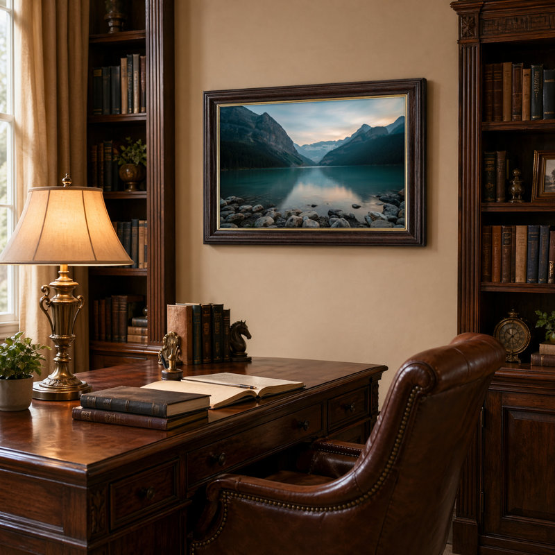 Art mural antique sur toile encadré doré pour le salon, la chambre à coucher, le bureau ou le vestibule - décoration murale décorative avec lac de montagne