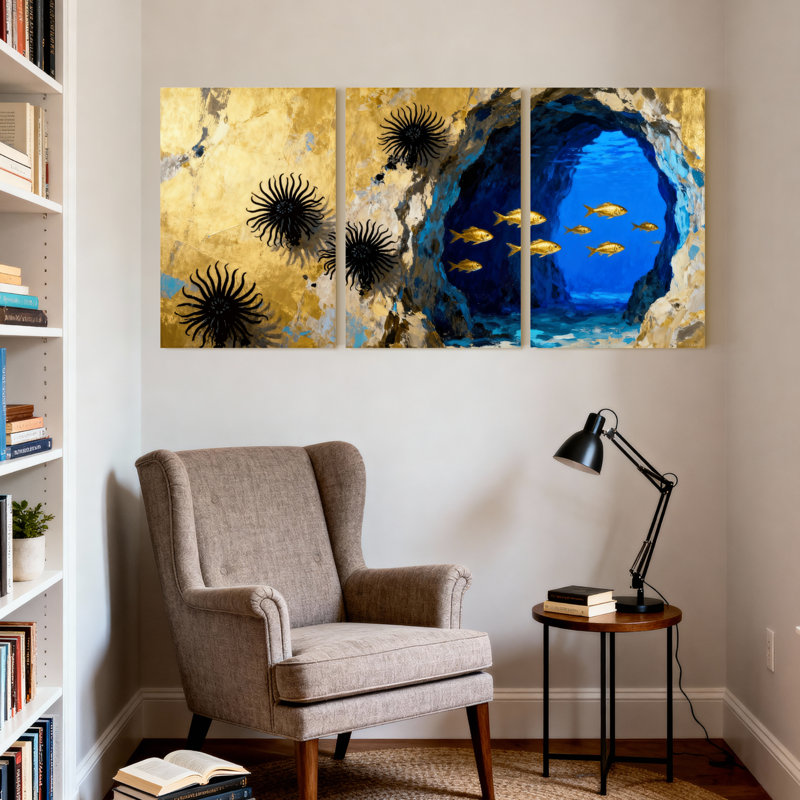 Ensemble de 3 impressions sur toile Golden Coral Reef avec poisson et grotte, H 30 po x l 60 po