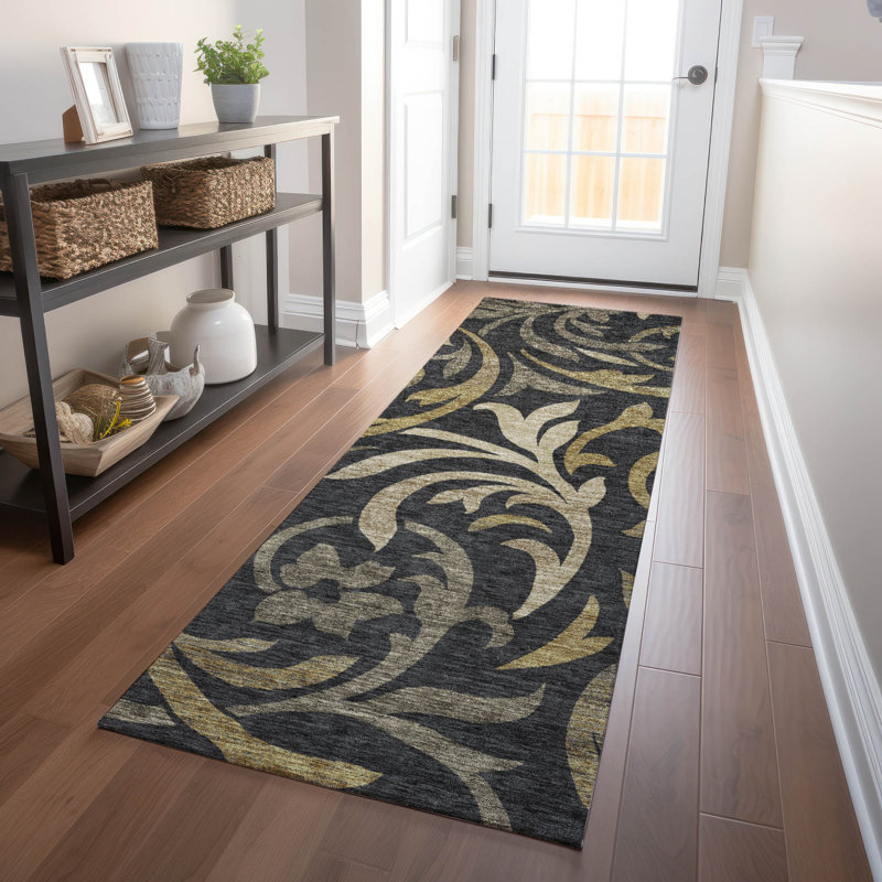 Premium Machine Washable Prisco Black Rug, Runner 2'3" x 7'6"